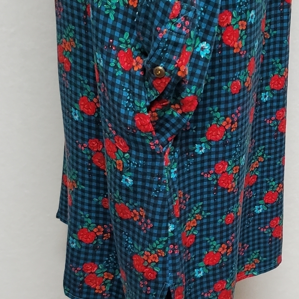 MATILDA Jane Fa La La Blue Plaid Red Rose Floral Button Up Midi Dress XS - Picture 8 of 14
